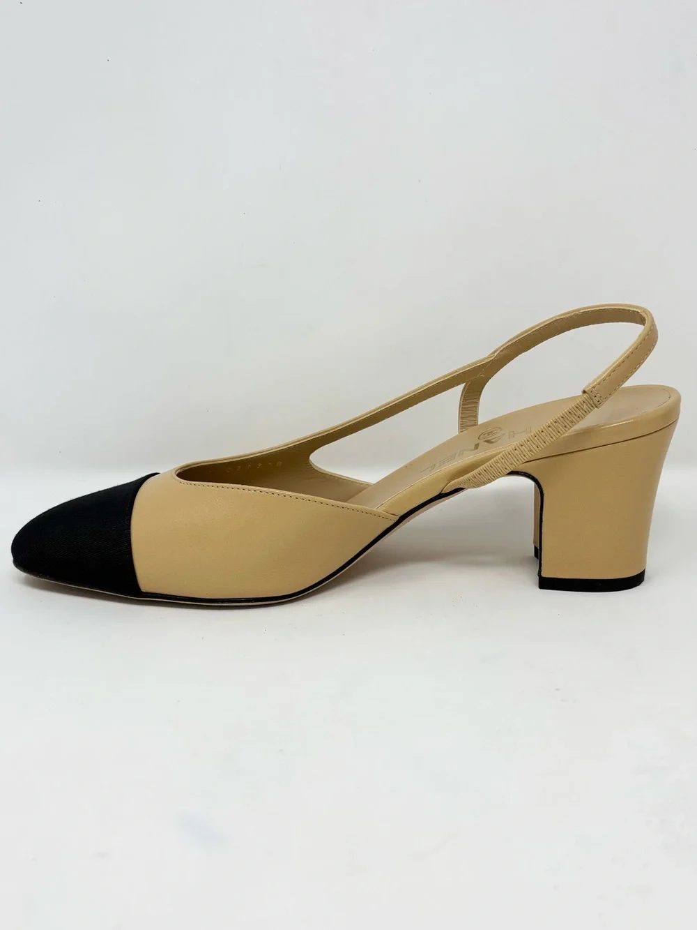 Chanel Two-Tone Goatskin & Grosgrain CC Slingback Pumps Beige Black 38.5
